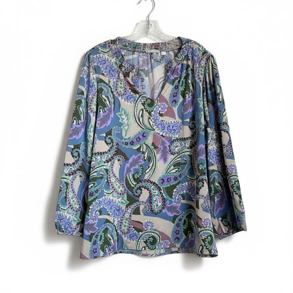 Sunny Leigh Top Blouse 2X Satin Paisley Floral Multicolor Long Sleeve Feminine - Picture 2 of 8